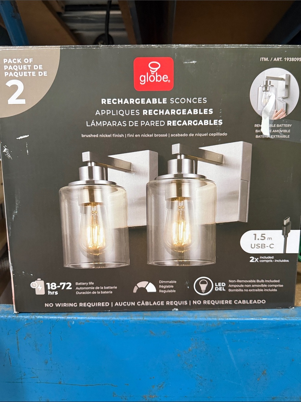 globe Rechargeable Brushed Nickel Wall Sconces - Clear Glass (Pack of 2)